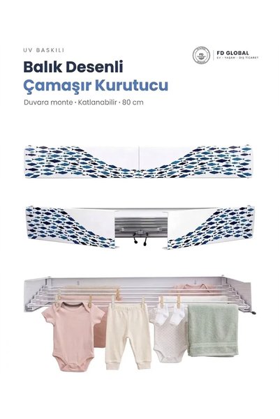 DEFOND FD Global Balık Desenli Duvara Monte Katlanır Çamaşır Kurutma Askısı 8...