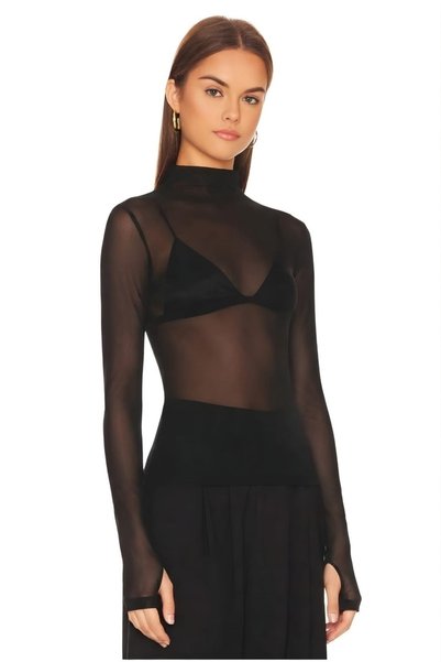 morche Women's Turtleneck Finger-Loop Detailed Lycra Tulle Transparent Blouse