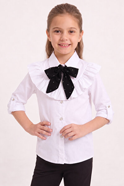 nacar çarşı Mädchenkleid mit Rüschenkragen, schwarzem Polka-Dot-Schal und det...
