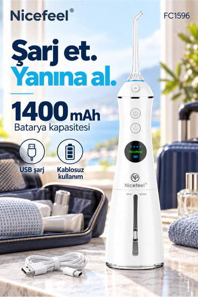 NPO Nicefeel FC1596 Şarjlı Ağız Duşu Taşınabilir Diş Temizleme Cihazı Diş Teli ve Protez Bakımı Beyaz