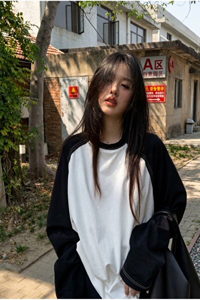 Köstebek Black Raglan Sleeve White Basic Unisex Long Sleeve