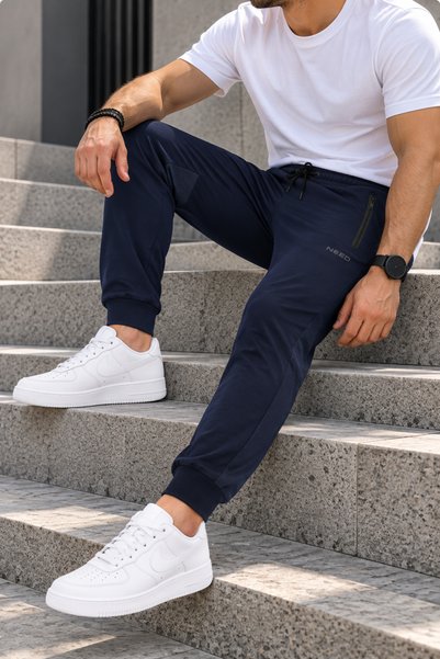 NEED LİFE Men's Navy Blue Pockets Zippered Slim Fit Sweatpants