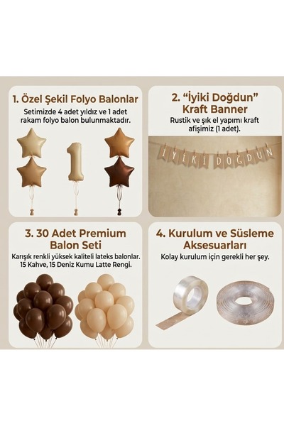 Işıltı Balon Dükkanı 1 Year Old Birthday Decoration Set with Number Foil Balloons, Cream Brown Party Decoration