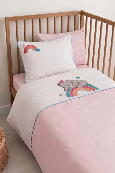 Rivaİstanbul Lucky Pink Punch Embroidered 100% Cotton Piece Baby Set Duvet Co...