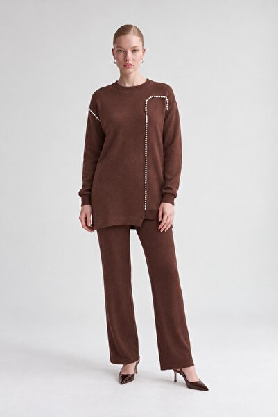 Levidor Striped Pearl Cashmere Double Set Brown
