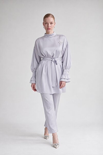 Levidor Sleeve Ruffle Detailed Double Suit Set Gray