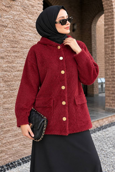N.S NEVA STYLE Kapuzenpullover mit Knöpfen und Taschen, burgunderrote Hijab-S...