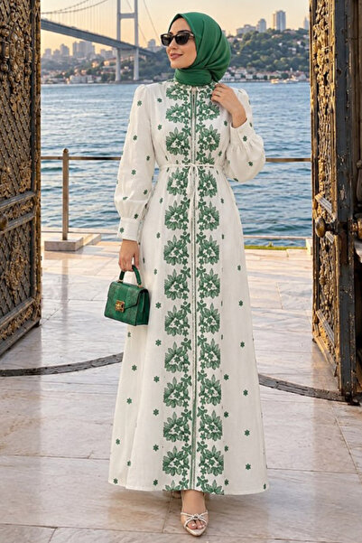 Neva Style Patterned Emerald Green Hijab Dress 13503Zy