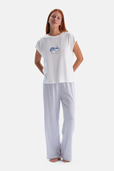 Dagi Ecru Printed T-Shirt Plaid Pants Set