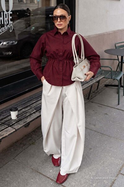 Madmext Bordo Belden Bağlamalı Oversize Cepli Gömlek MG2798