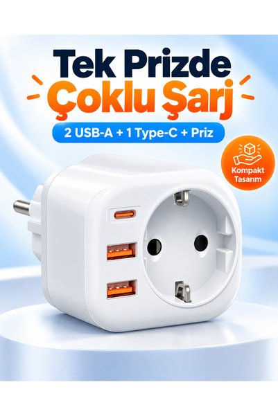 asua 2500W 3.4A 2x USB 1x Type-C 1x Soket Şarj Adaptörü Priz Çoğaltıcı Grup Priz