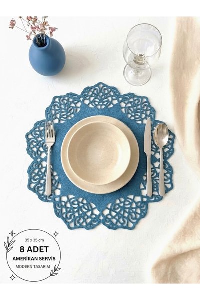 Ergüven Home Μπλε σουέντ υφασμάτινο στρογγυλό σετ σερβιρίσματος Supla America...