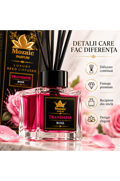 MOZAİC Luxury Reed Diffuser Trandafir, Parfum de Cameră cu Bețișoare, 100 ml
