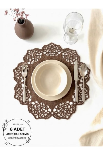 Ergüven Home Brown Suede Fabric Round Placemat American Service Set of 8 35X35Cm