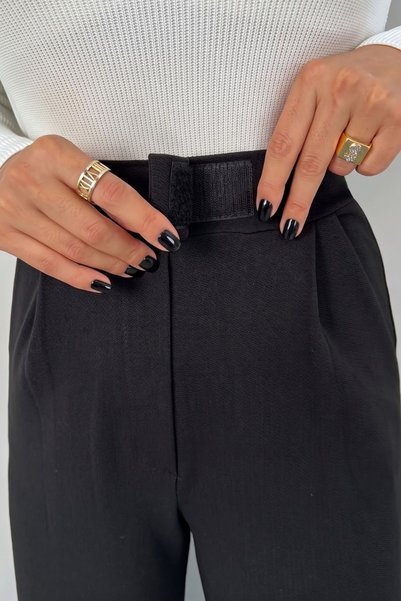 COMEOR Women's High Waist Velcro Closure Elastic Waist Zipper Pocket Lycra Black Palazzo Trousers