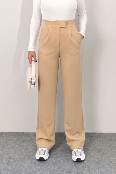 COMEOR Women's High Waist Velcro Closure Elastic Waist Zipper Pocket Lycra Beige Palazzo Trousers