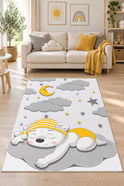 on the clouds Gri Uyuyan Ayıcık Desenli Yıkanabilir Kaymaz Taban Leke Tutmazb...
