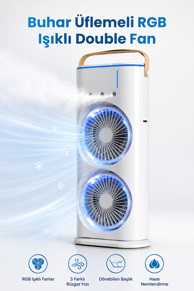 SEYUTECH Buhar Üflemeli Çift Pervaneli Masaüstü Fan Hava Nemlendiricili Şarjl...