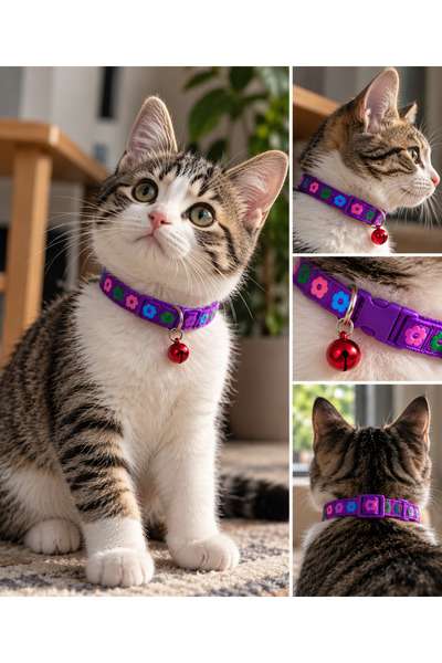 MİANNA Ayarlanabilir Kedi Boyun Tasması Çıngıraklı Çiçek Desenli Kedi Tasması