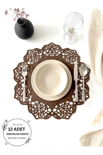 Ergüven Home Set de 12 suporturi rotunde din țesătură din piele intoarsa maro...