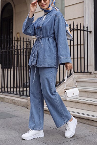Modamorfo Set kimono din denim cu pantaloni largi și curea cu nasturi - Albas...