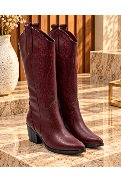 RoseVeno Women's Burgundy Matte Leather Embroidered Cowboy Boots