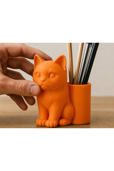 Bezos 3D Printed Cat Figured Pen Holder - Desktop Organizer - Orange