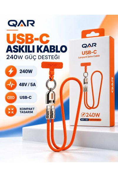 QAR USB-C to USB-C Askılı Şarj ve Data Kablosu 240W 48V 5A Hızlı Şarj Örgülü ...