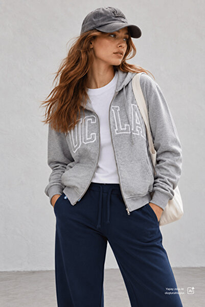 UCLA Joyce Gray Hooded and Zippered Appliqued Fleece-Lined Standard Fit Women...