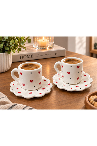 Göral Home Life El Yapımı Seramik 2 li Türk Kahvesi Fincanı Takımı, Kalp Dese...