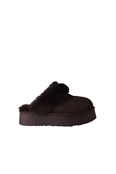 Hobby Genuine Suede Leather Fur Heeled Women's Slippers Thermo Sole Brown Pla...