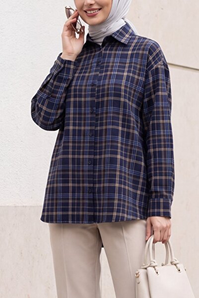Modamorfo Plaid Patterned Oval Cut Oversize Shirt - Dark Blue