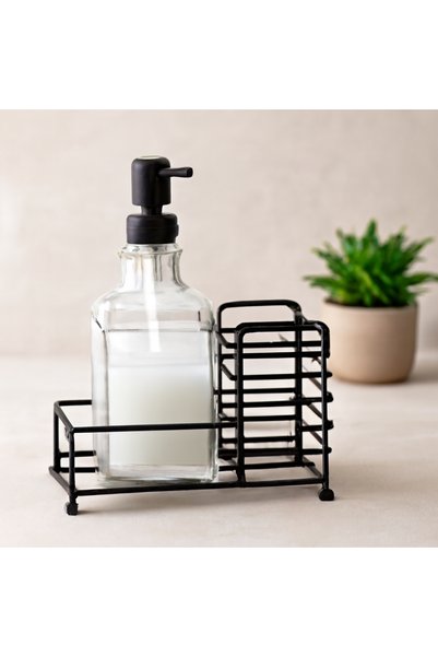 ELİSY Dozator de săpun lichid din sticlă 500 ml, suport și pompă din metal negru