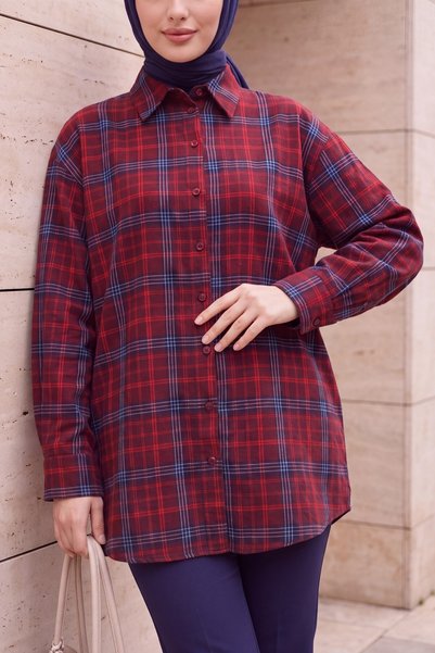 Modamorfo Πουκάμισο Oversize με Καρό Σχέδιο και Οβάλ Κόψιμο - κόκκινο