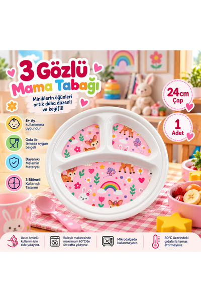 İMKA MELAMİN 3 Gözlü Melamin Mama Tabağı – Çocuk , Kreş ve Bebek İçin Bölmeli...