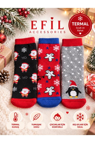 EFİLACCESSORİES Christmas Themed 3-Piece Girls'/Boys' Towel Socks