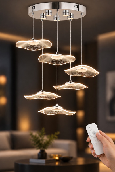 İstanbul Avize Şapka 6'lı Kumandalı Gümüş Üç Renk Led Lüx Modern Ledli Avize