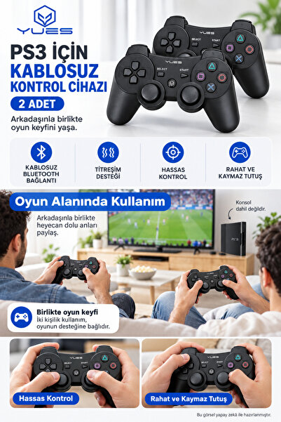 YUES PS3 Uyumlu Dualshock Kablosuz Oyun Kolu 2’li Set – Bluetooth, Titreşimli, Şarj Edilebilir Siyah Gamepad