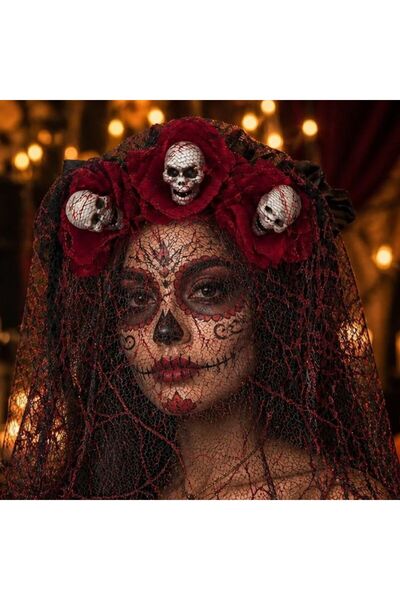 partidolu Halloween Gül Üzeri Kurukafalı Ölüler Günü Duvağı Kırmızı Renk 12617