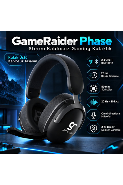 GameRaider Phase Stereo Kablosuz Gaming Kulaklık – 2 Yıl Birebir Değişim Gara...