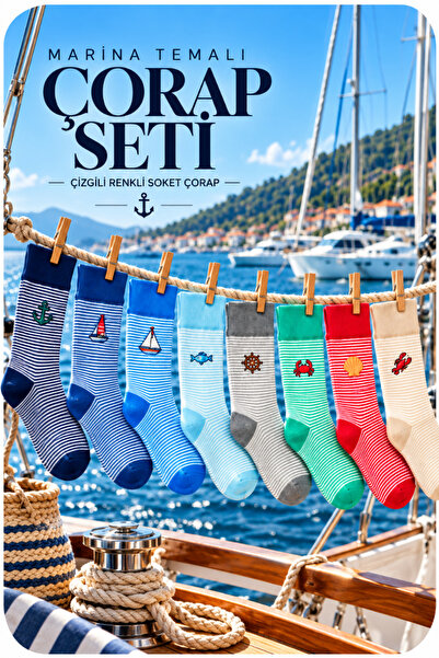 ÇORAPSA Marine Themed Embroidered Socks Set of 8 – Striped Colorful Socks