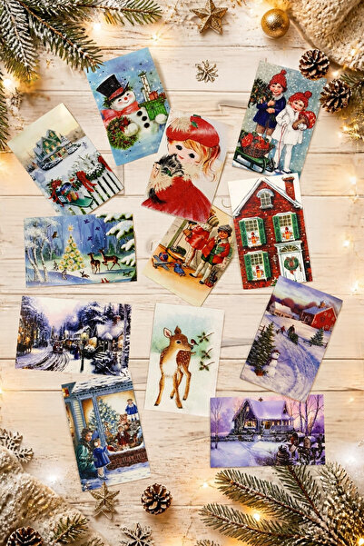 Bimotif 12li Simli Kartpostal Seti, Yılbaşı, Kırmızı Ev Ve Kardan Adam