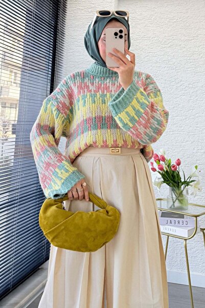MELEK ARAZ Pinterest Model Zikzak Desenli Kısa Triko Kazak -Yeşil