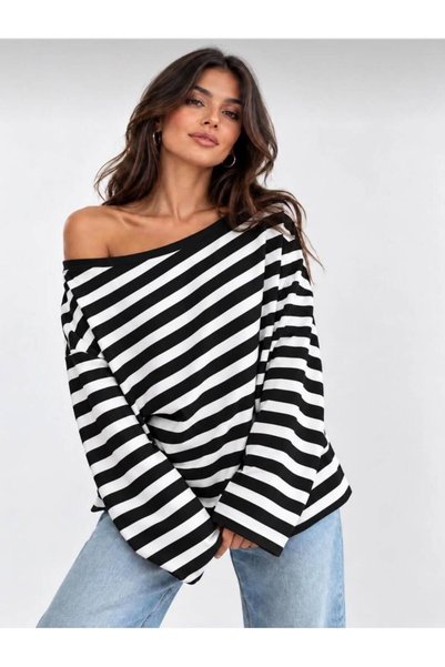 khar Tricou de damă cu mânecă lungă, cu decolteu barcă și umeri goi, supradim...