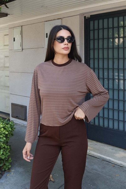 KECHİ WOMAN Striped Fabric Basic Blouse Tan