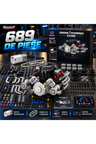 RaSteff Set de construcție cu motor V8, 689 de piese — STEAM, LED și aplicație pentru adolescenți și adulți
