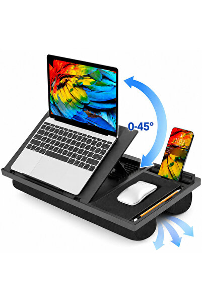 Callena Masă de pat pentru laptop cu suport reglabil, cu mousepad, suport pentru telefon, suport pentru pix, pernă dublă, negru, suport universal pentru laptop, 12-17 inch, 52x28x6cm