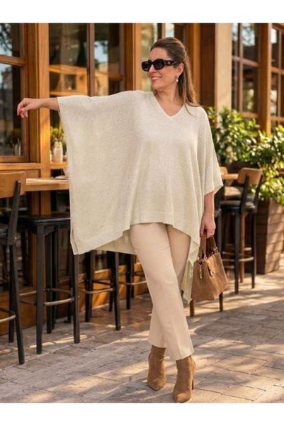 URUMDAY Women's V-Neck Oversize Glittery Knitwear Poncho