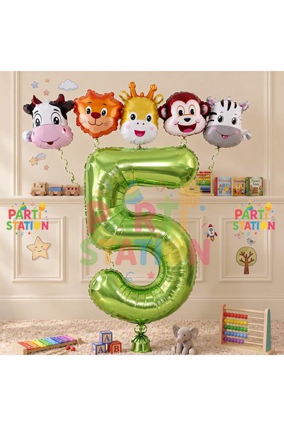 Parti Station Green Color Number Balloon Safari 5 Years Birthday Party Balloo...