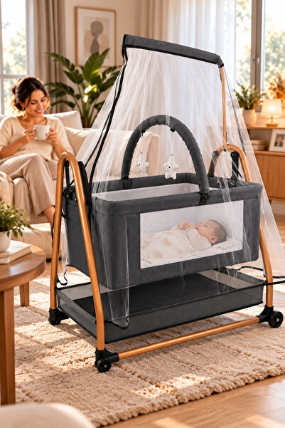 Baby Home Rüya Keten Fileli Silinebilir Portatif Sallanır Anne Yanı Beşik Sep...